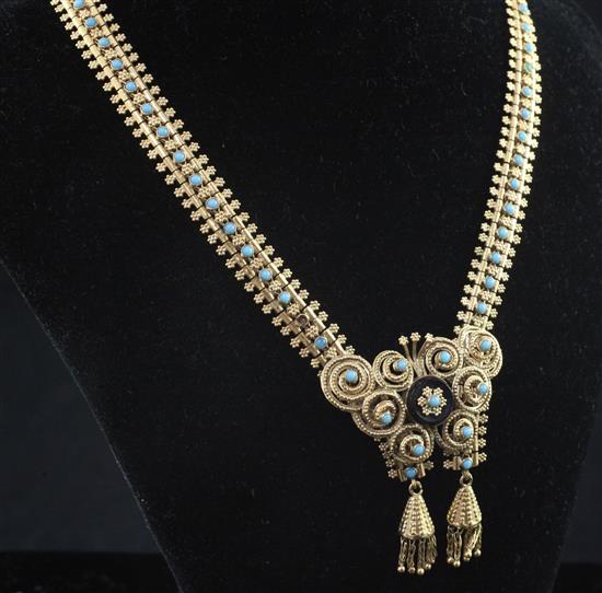 A mid 20th century Portuguese 18ct gold, turquoise and black onyx drop necklace, 18in.